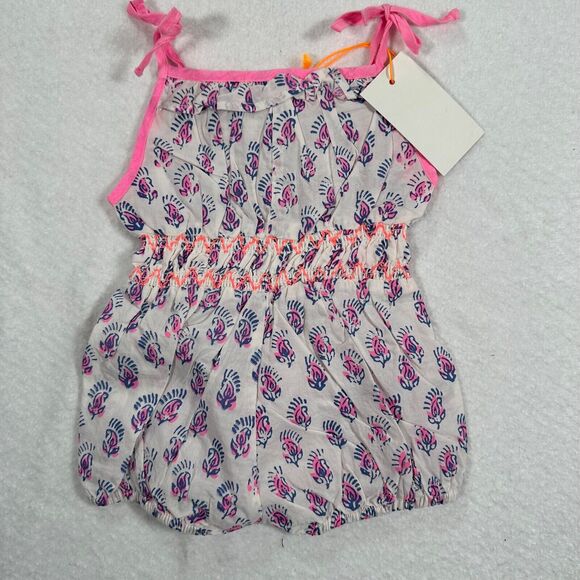 Everbloom Baby 3 Month Blue Pink Tie Shoulder Smocked Waist One Piece Romper - Picture 4 of 6
